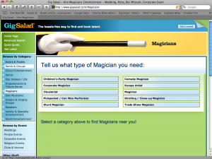 Magicians on Gig Salad Screenshot of the new Magicians section on GigSalad.com