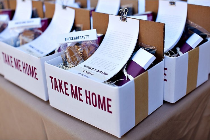 Box of invitations and takeaway gifts with a specified theme used at an event.